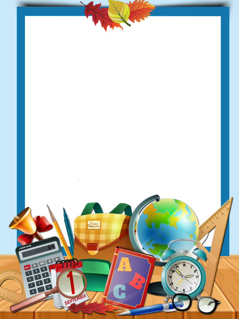 Back-to-school supplies including globe, calculator, backpack, books, ruler, and autumn leaves on a wooden desk.