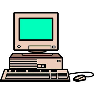 Vintage beige desktop computer with CRT monitor, keyboard, mouse, and floppy drive tower.