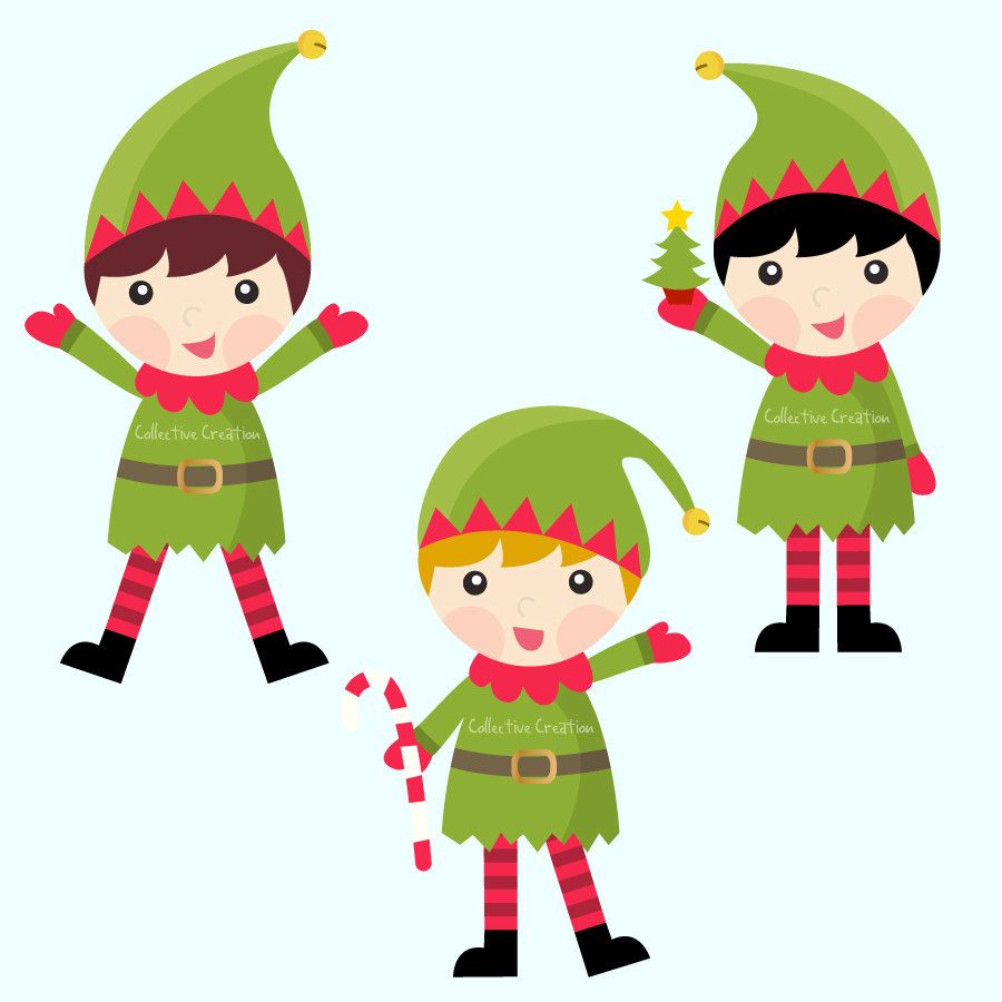 Three cheerful cartoon elves in green and red outfits, one holding a candy cane, another a mini Christmas tree.