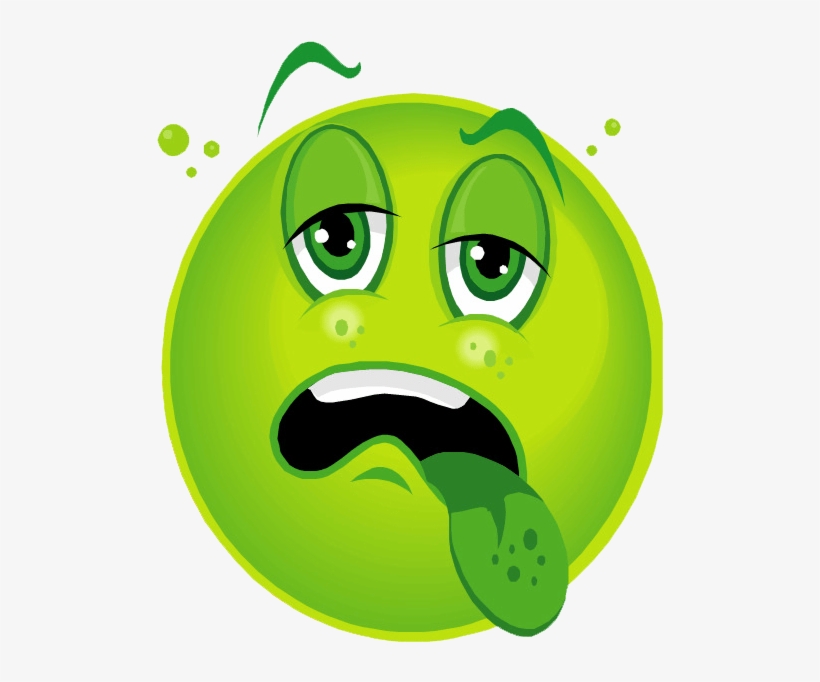 Green cartoon emoji with wide eyes, open mouth, and tongue sticking out, showing sickness or nausea with green droplets.