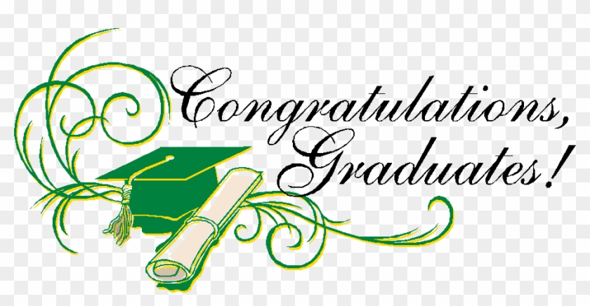 Green graduation cap and diploma with ornate swirls and "Congratulations, Graduates!" text.