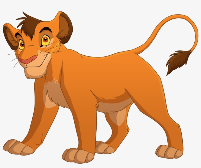 Young lion cub with orange fur, expressive yellow eyes, and a playful stance, resembling Simba from The Lion King.