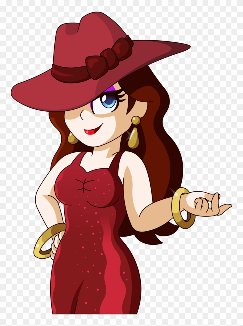 Stylish animated woman in red dress and wide-brimmed hat with gold jewelry, smiling confidently.