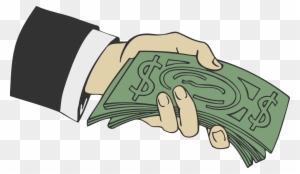 Hand in suit sleeve holding a stack of green dollar bills with stylized currency symbols.
