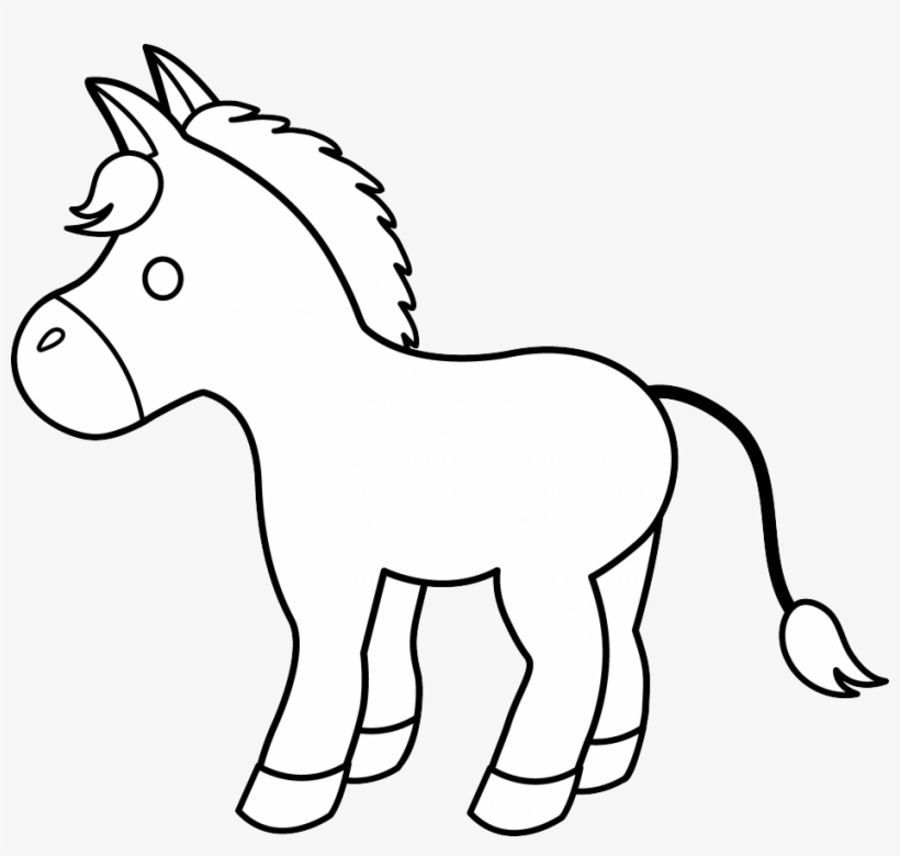 Simple black-and-white line drawing of a cartoon foal with mane, tail, and expressive eyes.