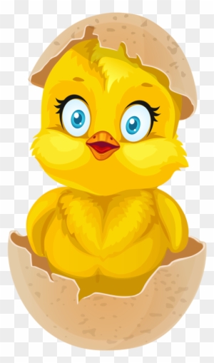 Cute yellow baby chick hatching from a cracked eggshell with big blue eyes and fluffy feathers.