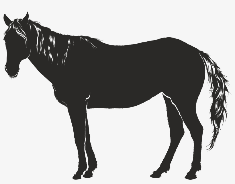 Black silhouette of a standing horse in profile with detailed mane and tail.