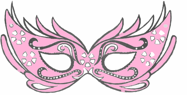 Pink ornate masquerade mask with feather-like extensions, swirls, and geometric cutouts in black and white detailing.