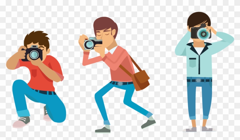 Three illustrated photographers in action poses with DSLR cameras, wearing casual outfits and capturing shots dynamically.