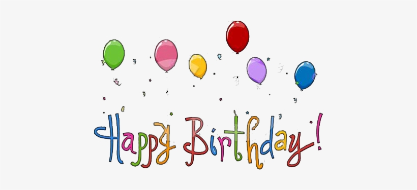 Colorful "Happy Birthday!" text with floating balloons and confetti on white background.