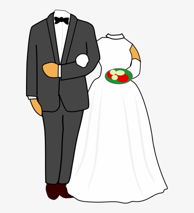 Cartoon-style wedding couple: groom in black tuxedo with bowtie, bride in white gown holding floral bouquet; headless figures.
