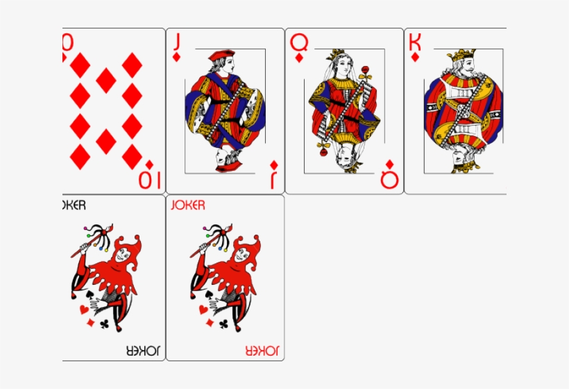 Standard playing cards: Ten, Jack, Queen, King of Diamonds, and two red Joker cards displayed in a grid layout.