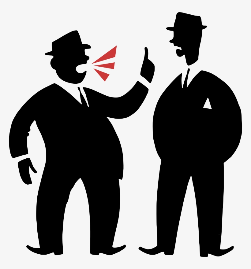 Two silhouetted men in suits and hats; one shouting with red sound waves, the other listening calmly.