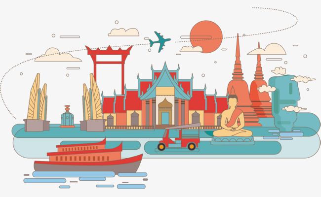 Illustration of iconic Thai landmarks including temples, a tuk-tuk, riverboat, Buddha statue, and the Erawan Shrine under a sunset sky.