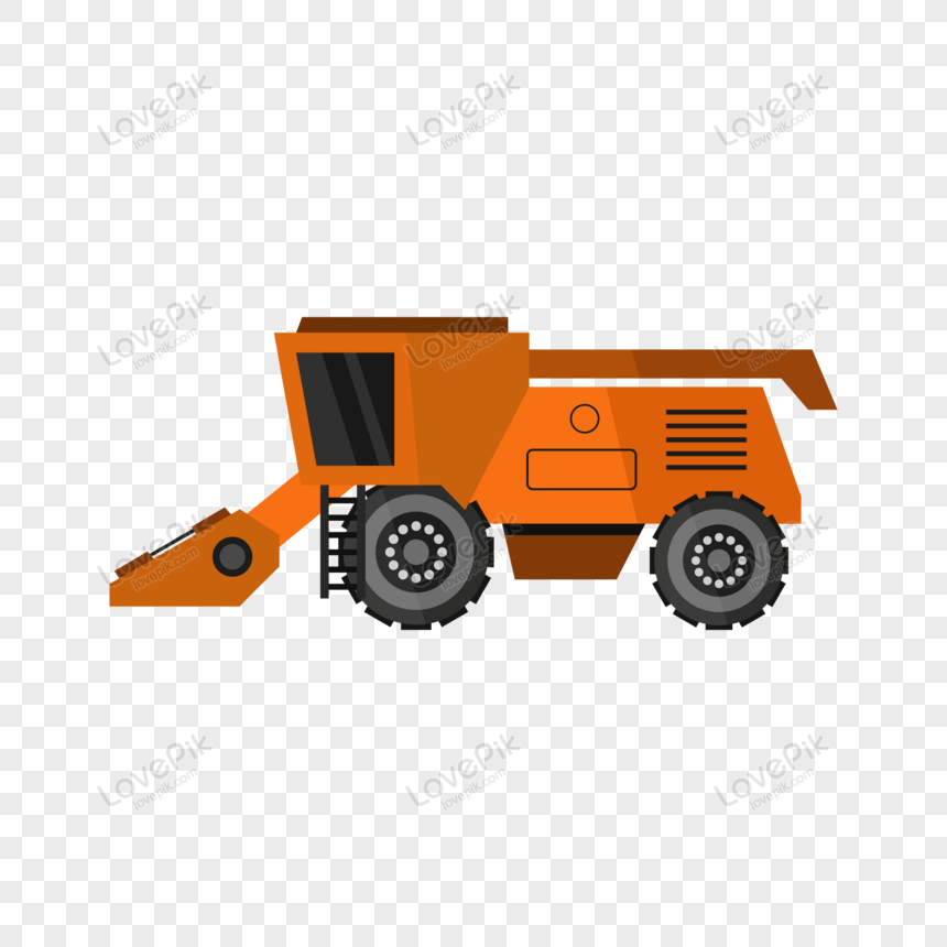 Orange combine harvester illustration in flat design style on transparent background.