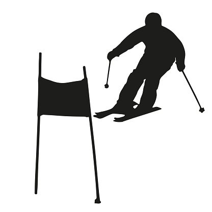 Silhouette of a skier in action beside a black flag, representing alpine skiing or race finish.