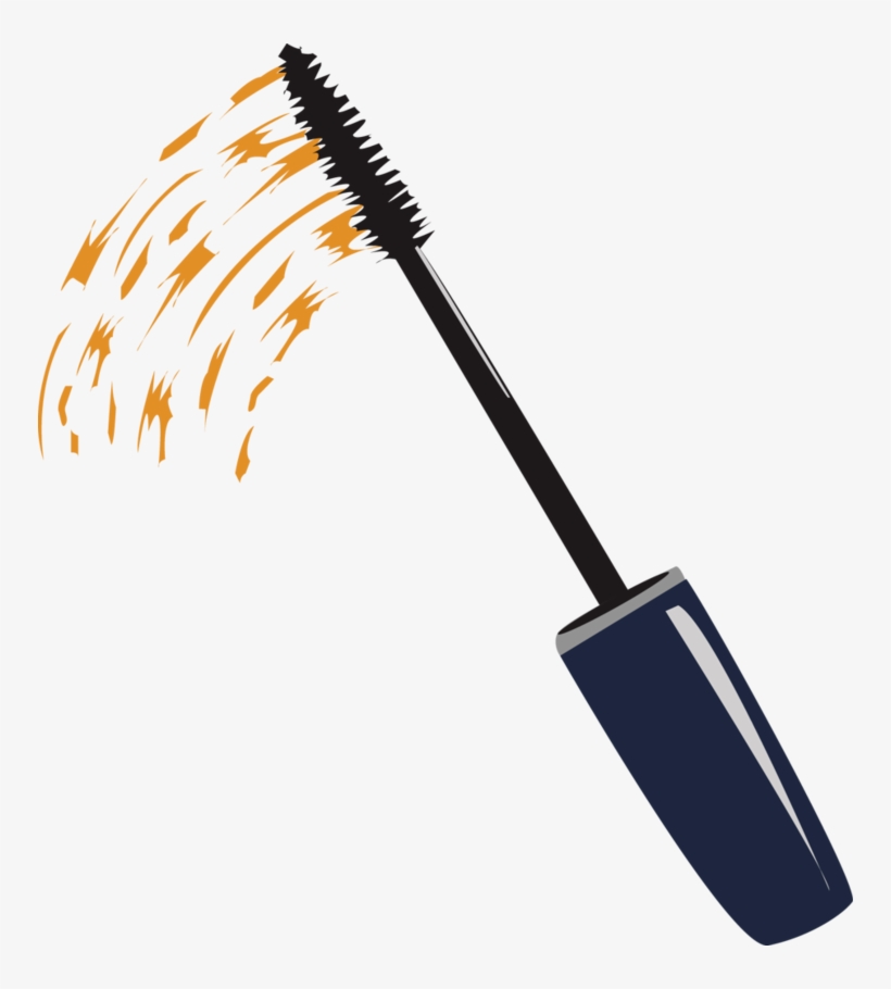 A navy blue mascara wand with black bristles applying orange streaks to simulate lash coating.