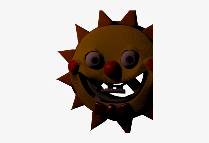 A menacing brown sun-shaped animatronic with red clown nose, wide grin, and spiky rays, resembling a horror-themed mascot.