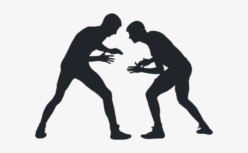 Two silhouetted wrestlers in a face-to-face stance, poised for engagement during a match.