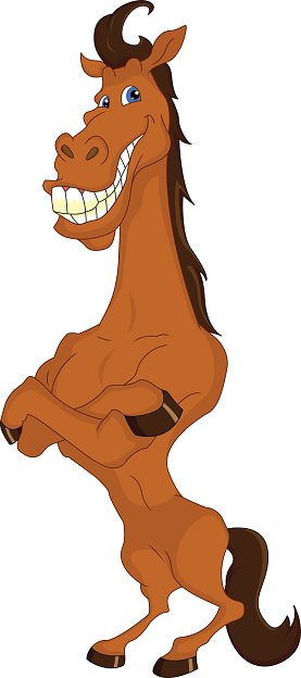Cartoon horse standing on hind legs with a wide grin and crossed arms, brown coat and expressive blue eyes.