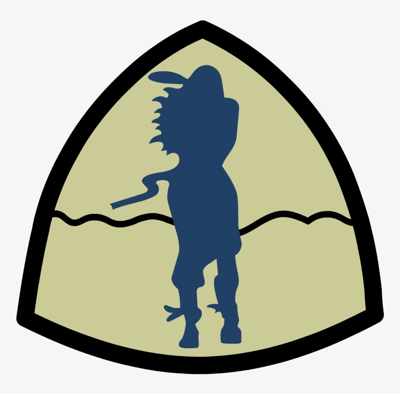 Blue silhouette of a cowboy on horseback within a shield-shaped emblem, featuring wavy lines suggesting terrain or water.