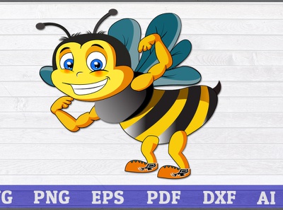 Cheerful cartoon bumblebee flexing muscles with blue wings and orange shoes on wood-textured background.