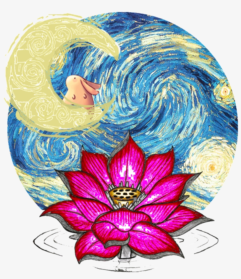 A whimsical lotus flower blooms beneath a swirling Van Gogh-style night sky, with a rabbit nestled in a crescent moon above.