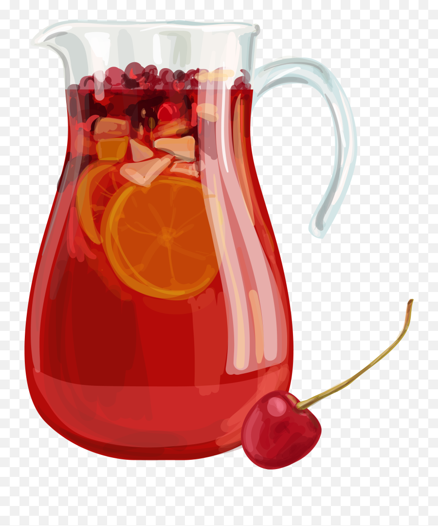 A glass pitcher filled with red sangria, sliced oranges, berries, and a cherry beside it.