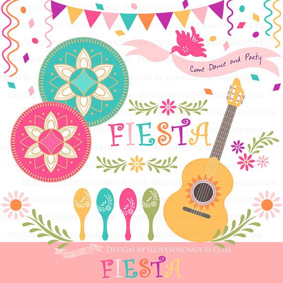 Colorful fiesta-themed clipart with guitar, maracas, mandalas, bunting, flowers, and "Fiesta" text in vibrant style.