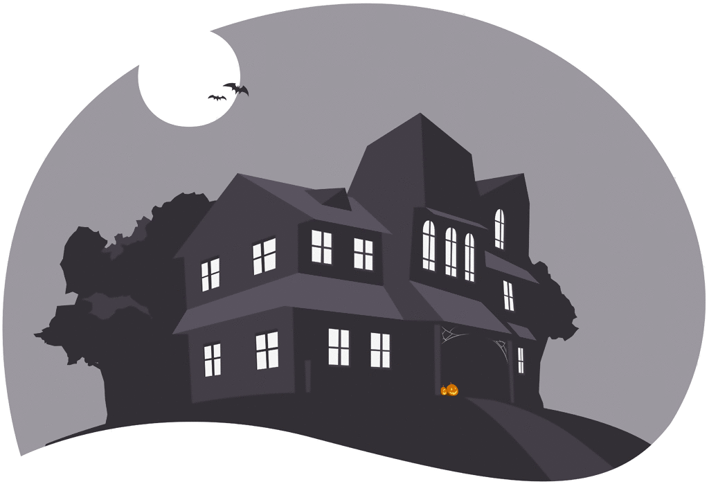 Haunted House Illustration - Halloween Night Scene with Moon and Bats