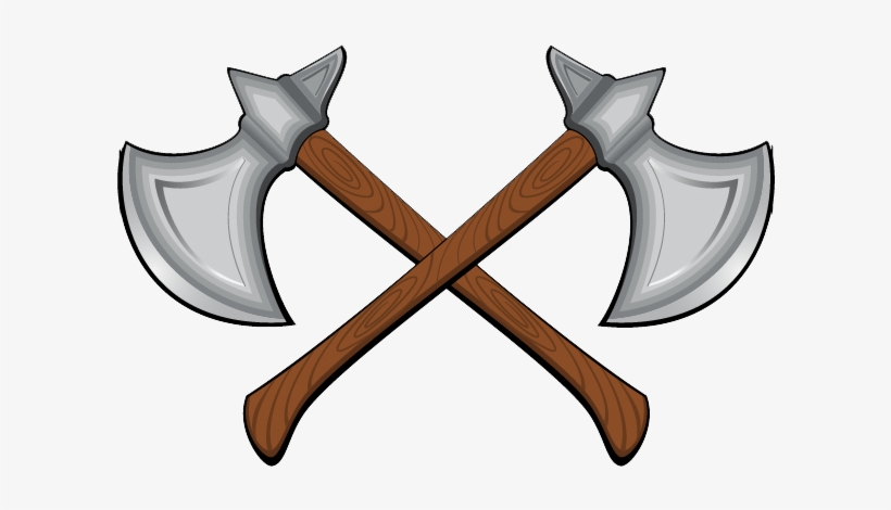 Two crossed medieval-style battle axes with wooden handles and silver blades.