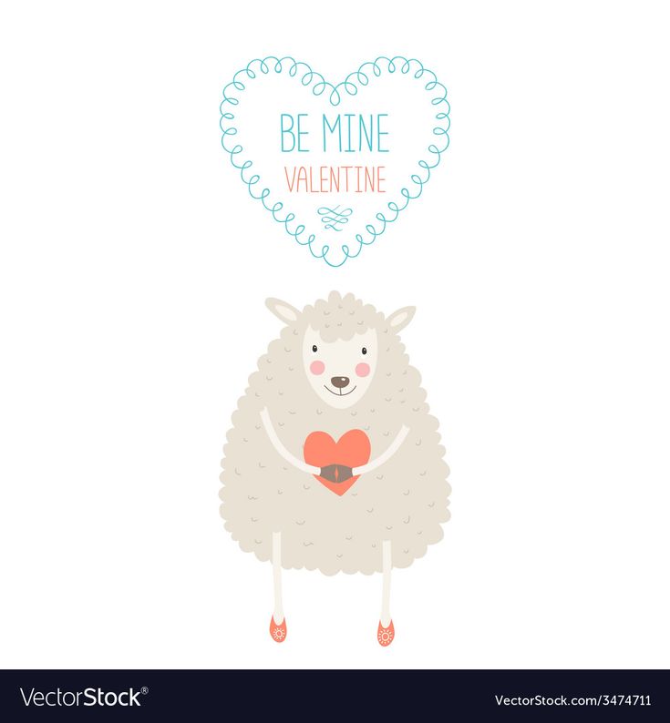 Cute cartoon sheep holding a red heart under a "Be Mine Valentine" heart-shaped banner.