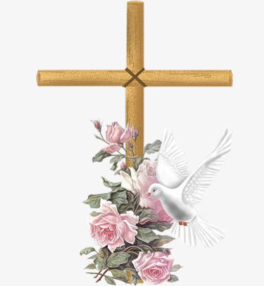 Golden cross with pink roses and a white dove symbolizing peace, hope, and Christian faith.