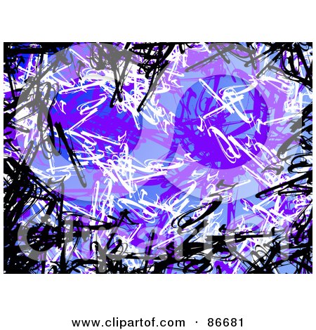 Abstract digital artwork with chaotic black, white, and purple scribbles over a vibrant blue-purple gradient background.