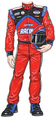 Illustrated racing driver in red and blue full-body suit holding helmet, branded with "RACIN" and sponsor logos.