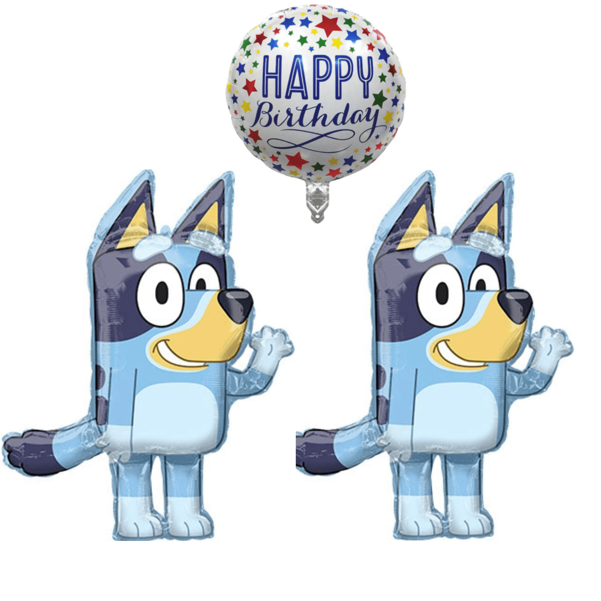 Two Bluey character foil balloons waving, with a "Happy Birthday" star-patterned balloon above.