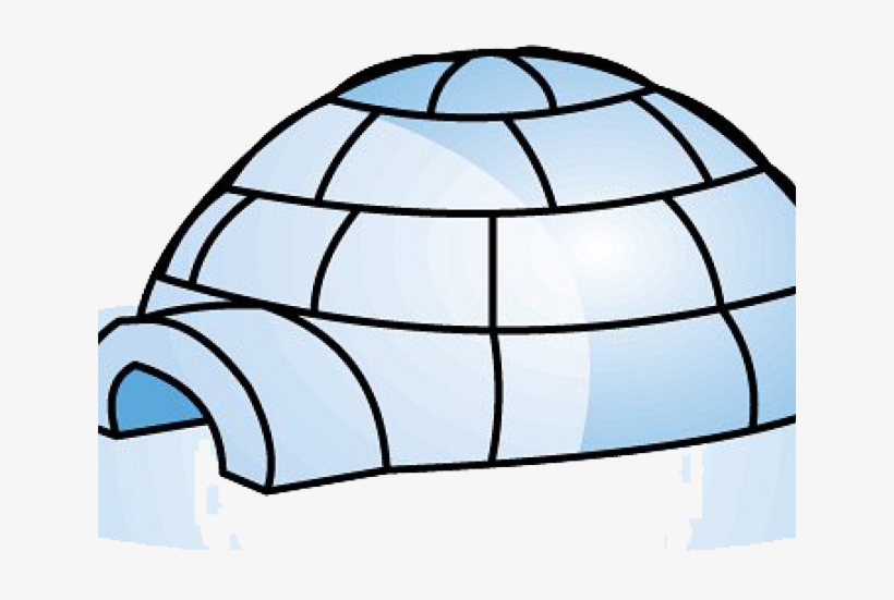 Illustrated cartoon-style igloo with arched entrance and layered ice blocks in light blue tones.