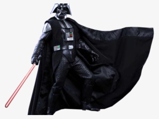Darth Vader in black armor and flowing cape, holding a red lightsaber, posed dynamically against white background.