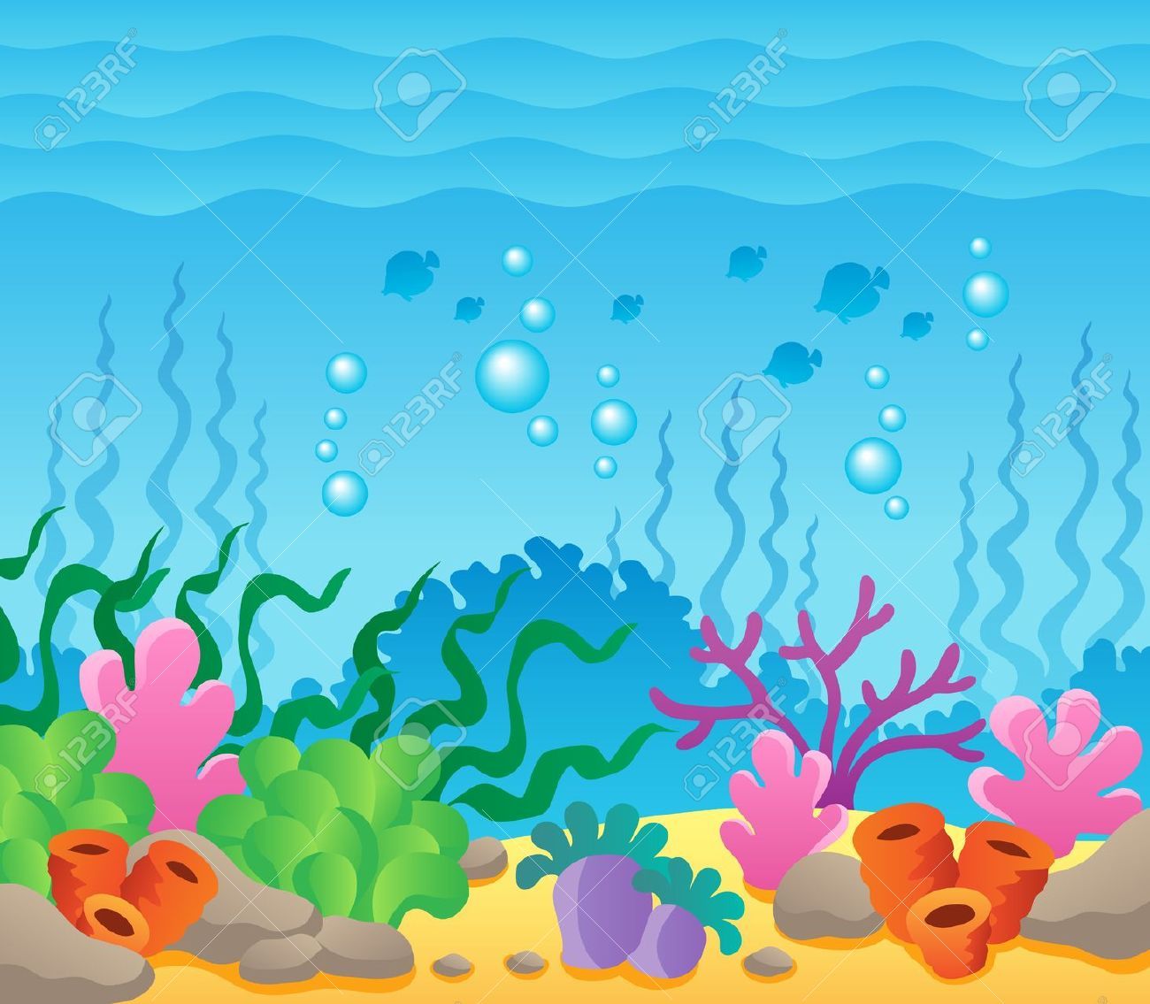 Colorful cartoon underwater scene with coral, seaweed, fish, bubbles, and sandy ocean floor.