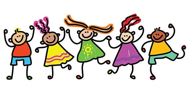 Five diverse, smiling stick-figure children dancing joyfully in colorful clothes.