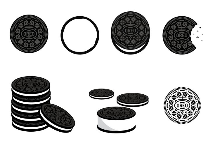 Oreo cookie illustrations showing whole, stacked, bitten, and isolated designs in black and white.