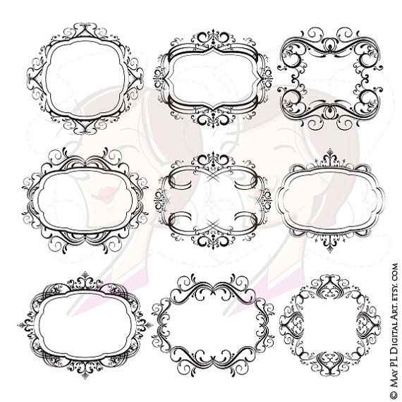 Nine ornate black-and-white decorative frames in baroque and rococo styles, ideal for vintage design projects.