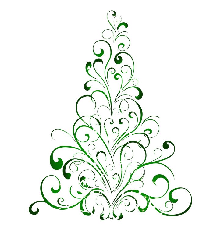 Stylized green ornamental Christmas tree made of swirling vine-like flourishes on white background.