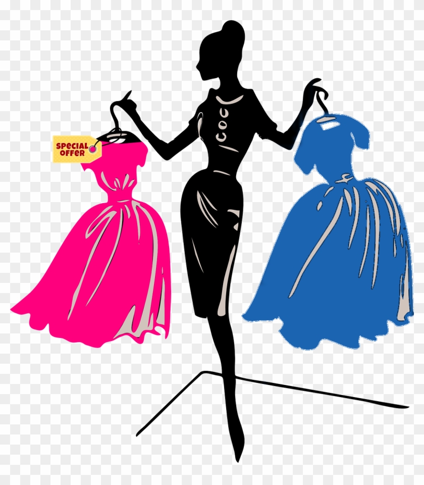 Silhouette of a stylish woman holding two dresses-one pink with "Special Offer" tag, one blue-on hangers against transparent background.