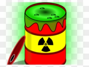 A cartoon-style radioactive waste drum with green glowing liquid, black radiation symbol, and a red lid lying beside it.