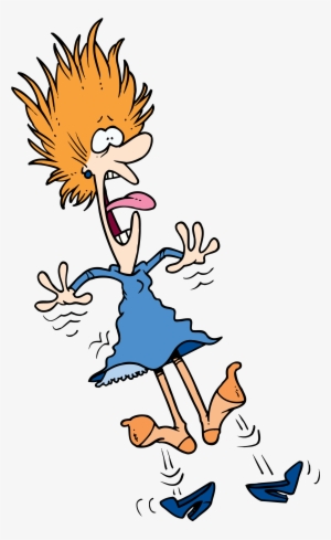 Cartoon woman with wild orange hair slipping, shoes flying off, expression of shock and panic.