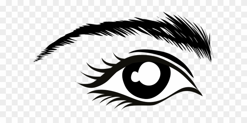 Stylized black-and-white illustration of a human eye with bold eyelashes, defined eyebrow, and artistic shading on transparent background.