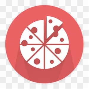 Flat-design pizza icon with eight slices, pepperoni toppings, and long shadow inside a red circle.
