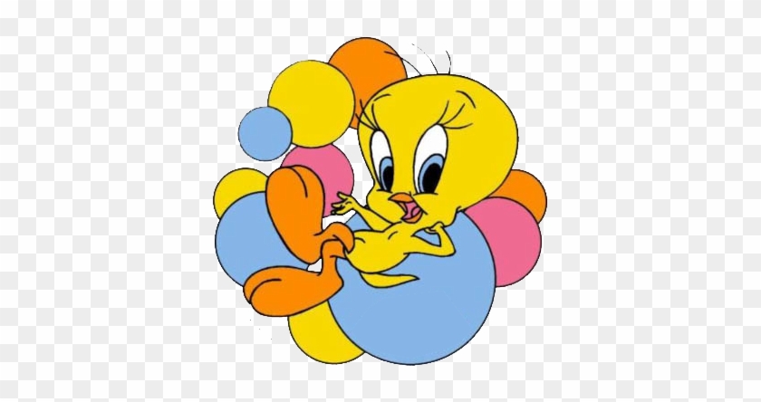 Tweety Bird joyfully surrounded by colorful balloons in a classic cartoon pose.