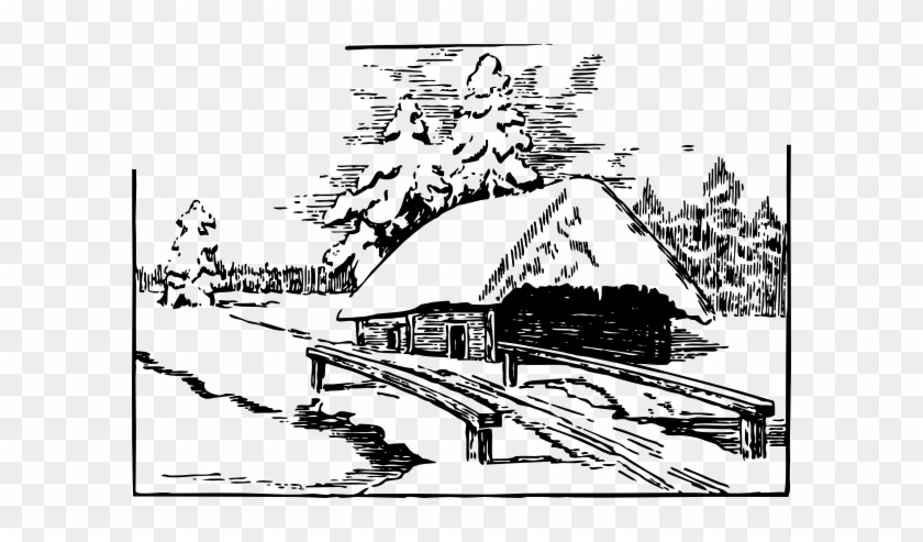 Vintage Winter Cabin Illustration - Classic Rural Scene